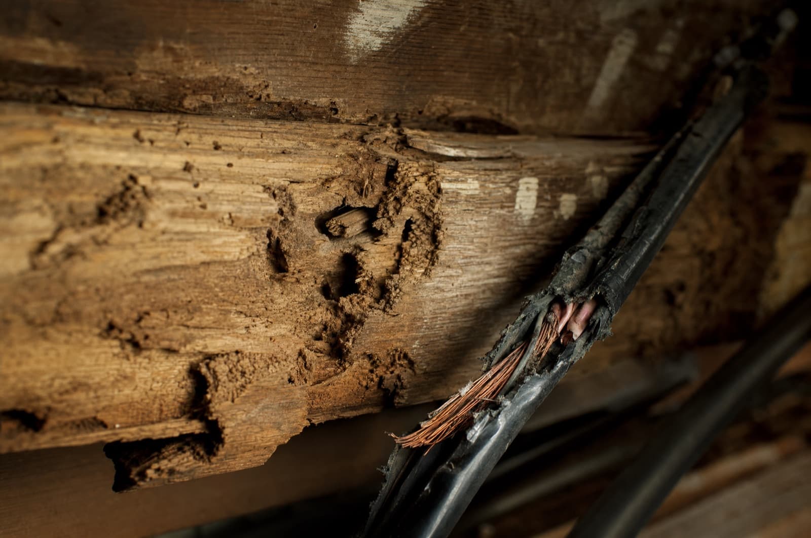 Pest damage evidence — a gnawed structural beam and a chewed electrical wire