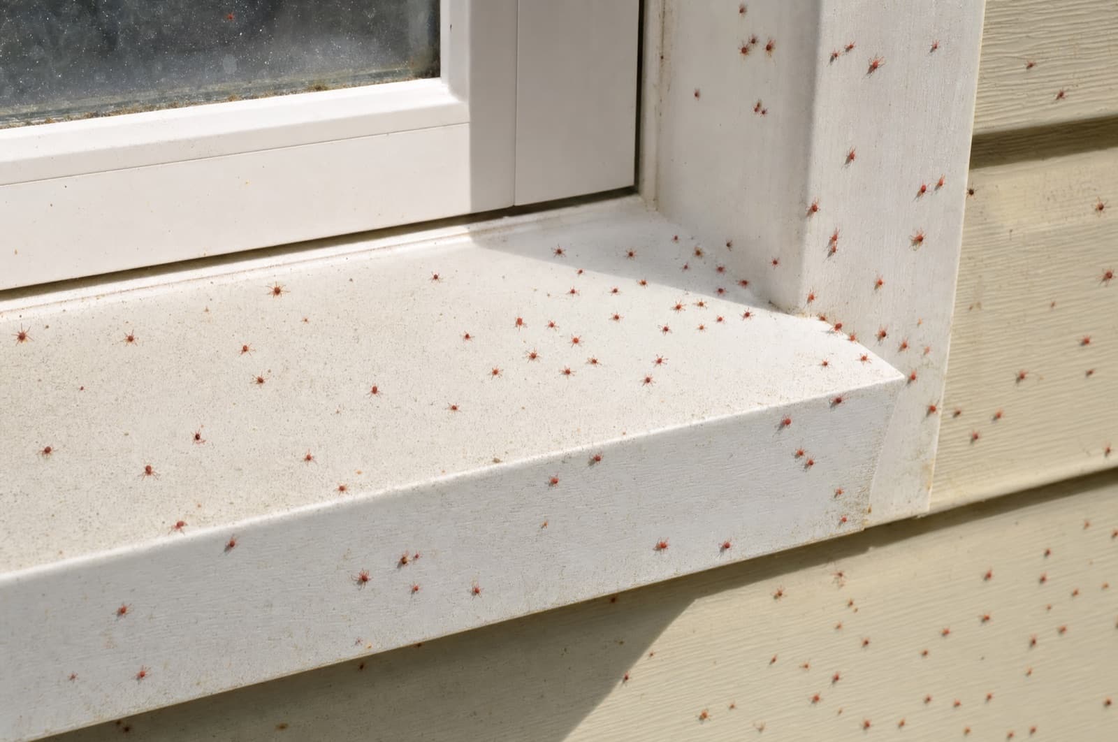 Lush foundation lawn feeding a sunny-wall population — the condition behind mite pressure