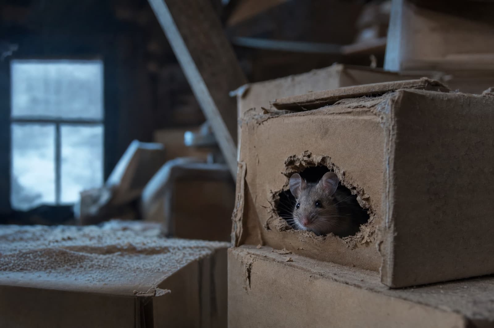A house mouse in a gnawed cardboard storage box in a cold New Hampshire attic